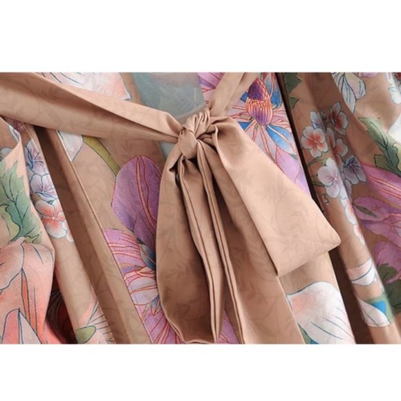 Boho Tan Floral Print kimono Cover up Belted Gypsy - Picture 7 of 10